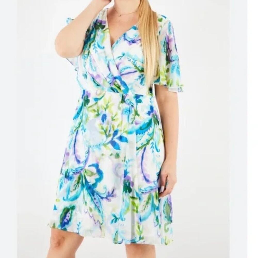 Lauren Ralph Lauren White Floral Wrap Midi Dress with Blue & Green Print